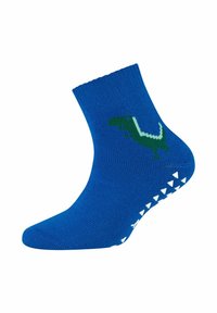 Blaue Knöchelsocke mit einem grünen Dinosaurierdesign an der Seite und weißen, dreieckigen Rutschmustern an der Unterseite. Strickstruktur, lässiger Stil.