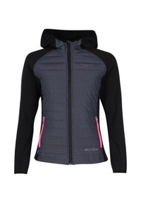 Hooded jack met een grijze body en zwarte mouwen, verticale gestikte textuur, twee roze ritszakken en eco-viber branding op de zoom.