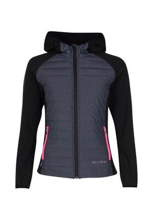 Giacca con cappuccio caratterizzata da un corpo grigio e maniche nere, texture a trapuntatura verticale, due tasche con zip rosa e marchio in fibra ecologica sull'orlo.
