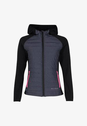 Giacca con cappuccio caratterizzata da un corpo grigio e maniche nere, texture a trapuntatura verticale, due tasche con zip rosa e marchio in fibra ecologica sull'orlo.