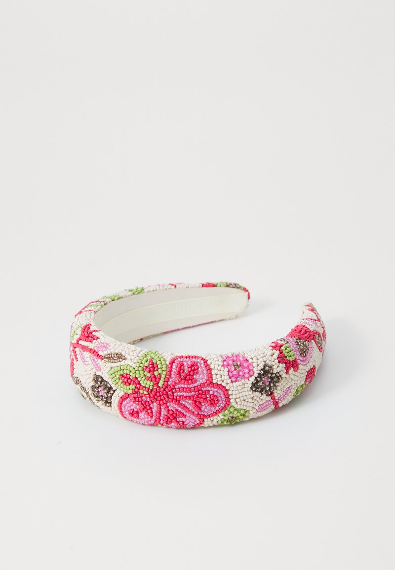 Beaded headband featuring a white base with pink, green, and brown floral patterns. Smooth inner lining for comfort.
