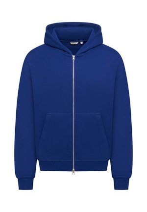 Blaues zip-up Kapuzenshirt mit einer Fronttasche, aus weichem Stoff gefertigt, mit einer Kordelzugkapuze und gerippten Bündchen und Saum.