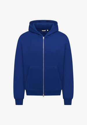 Blaues zip-up Kapuzenshirt mit einer Fronttasche, aus weichem Stoff gefertigt, mit einer Kordelzugkapuze und gerippten Bündchen und Saum.