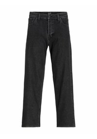 Jean noir droit avec cinq poches et fermeture à bouton, exposé sur un fond blanc.