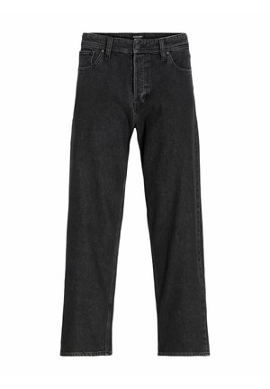 Črne jeans hlače ravnega kroja s petimi žepi in zapiranjem na gumb, prikazane na beli podlagi.