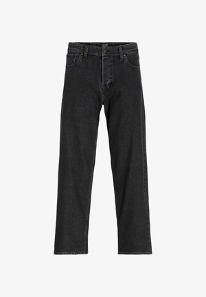 Fekete egyenes szabású farmernadrág, öt zsebbel és gombos záródással, fehér háttéren bemutatva.