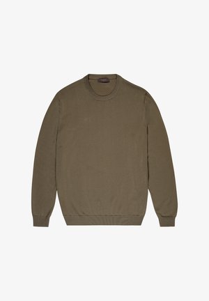 Olijfgroene gebreide trui met een ronde hals, geribde manchetten en zoom, met een gladde textuur en een klassieke pasvorm. Geen patronen of versieringen.