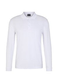 Polo shirt bianco a maniche lunghe con una texture morbida, colletto a coste e tre bottoni sul collo. Tessuto sottile e leggero.