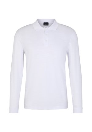 Polo shirt bianco a maniche lunghe con una texture morbida, colletto a coste e tre bottoni sul collo. Tessuto sottile e leggero.