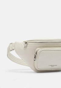 Riñonera de tela blanca con dos compartimentos con cremallera, una correa acolchada y herrajes en plata. Presenta el nombre de la marca en relieve en la parte frontal.