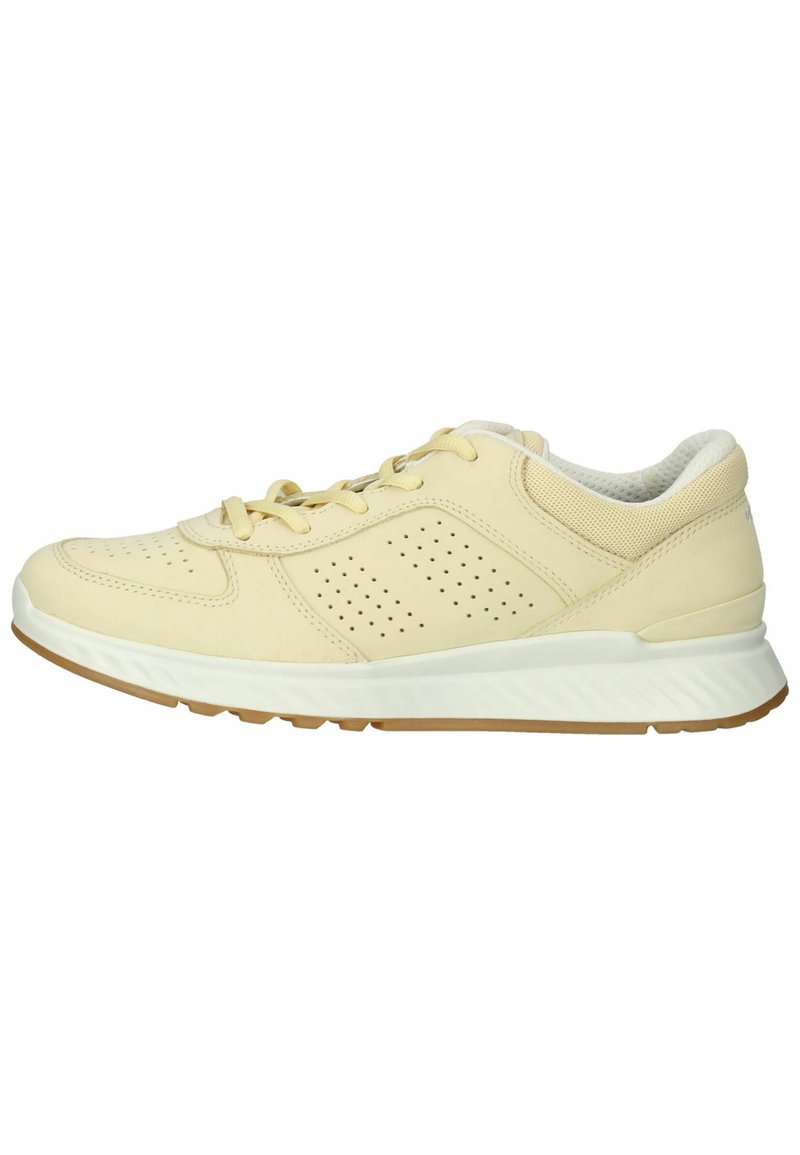 Light yellow athletic shoe with a textured leather upper, perforated accents, round toe, white midsole, and a gum rubber outsole.