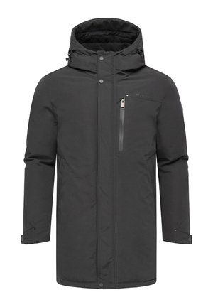 Moška črna izolirana parka z kapuco, zadrgo na prsih, zaklopkami in nastavljivimi manšetami. Gladka tkanina z minimalističnim dizajnom.