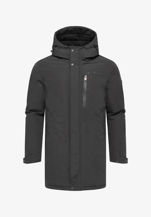 Meeste must soe parka jakk kapuutsiga, lukustatava rinnaTaskuga, nagiga kinnitustega ja reguleeritavate mansettidega. Sile kanga tekstuur ja minimalistlik disain.