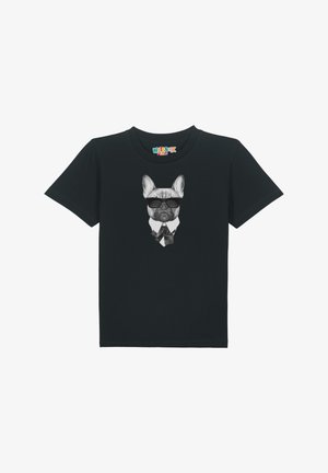 T-shirt en coton noir avec un graphique d'un bulldog français portant des lunettes de soleil et une cravate, centré à l'avant. Manches courtes, coupe standard.