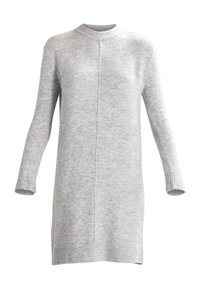 Abito in maglione grigio a maniche lunghe con scollatura a girocollo, polsini e orlo a costine, caratterizzato da una texture delicata e un design semplice e dritto.