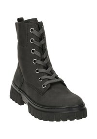 Zwarte leren enkelboot met grijze veters, ronde neus, metalen oogjes en een robuuste, profiel ontworpen zool. Glad textuur en minimalistisch ontwerp.