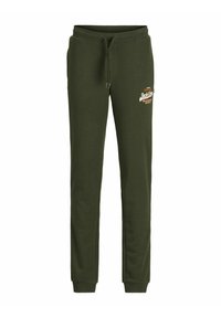 Oliven grønne sweatpants lavet af blødt stof, med en justerbar talje, sidelommer og et trykt logo på låret.