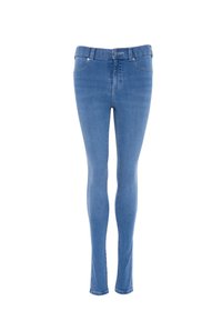 Vaqueros ajustados de un azul claro, hechos de denim, con una cintura de altura media, diseño de cinco bolsillos y costuras sutiles.