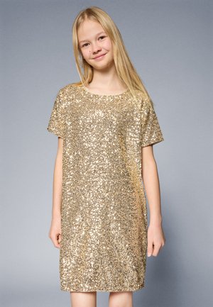 Gold sequined dress with a loose fit, short sleeves, and a round neckline. The sequins create a shiny, textured surface.