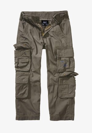 Pantaloni s cargo v olivno zeleni barvi, ki imajo več utilitarnih žepov, zadrgo in trpežno mešanico bombaža. Dodatno so okrašeni z mesinganim strojništvom.