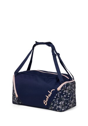 Borsa da viaggio navale con motivo floreale, tessuto morbido, manici doppi e dettagli rosa. Presenta una chiusura con zip e un logo prominente.