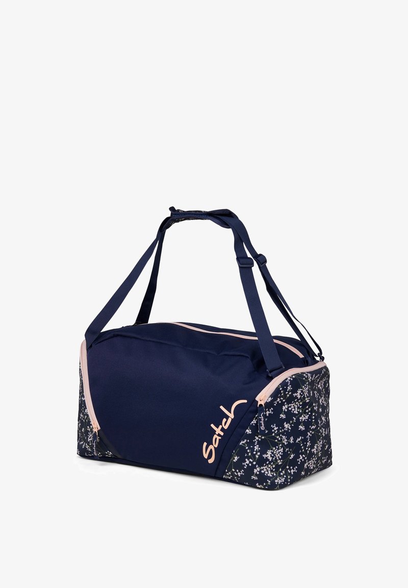 Marinefarbene Duffel-Tasche mit floralem Muster, weichem Stoff, doppelten Griffen und rosa Akzenten. Verfügt über einen Reißverschluss-und ein auffälliges Logo.