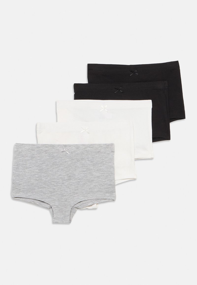 Cinq paires de culottes hipster en coton en gris, blanc et noir. Chacune est ornée d'un petit nœud sur la ceinture.