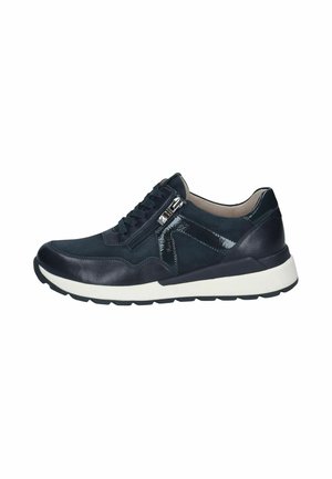 Baskets noires avec lacets et fermeture éclair latérale, semelle blanche, détails en cuir mats et brillants mélangés, vues de l’extérieur.
