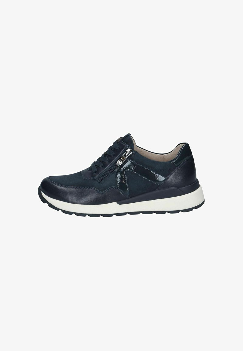 Baskets noires avec lacets et fermeture éclair latérale, semelle blanche, détails en cuir mats et brillants mélangés, vues de l’extérieur.