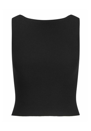 Zwarte geribbelde mouwloze top met een hoge hals, gemaakt van rekbaar materiaal, met een getailleerde pasvorm en een gladde textuur.