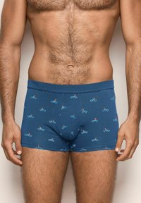 Torso maschile e parte superiore delle gambe che indossano boxer blu con un motivo di piccoli orsetti che guidano auto blu.