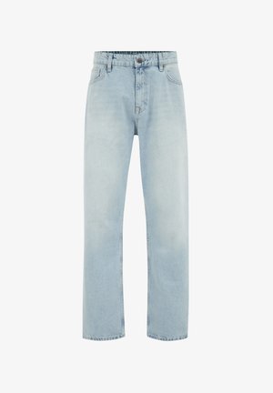 Gaiši zili džinsu bikses ar taisnu piegriezumu, ar priekšējiem kabatām, pogu aizdari un smalku nodiluma efektu, lai piešķirtu raksturu.