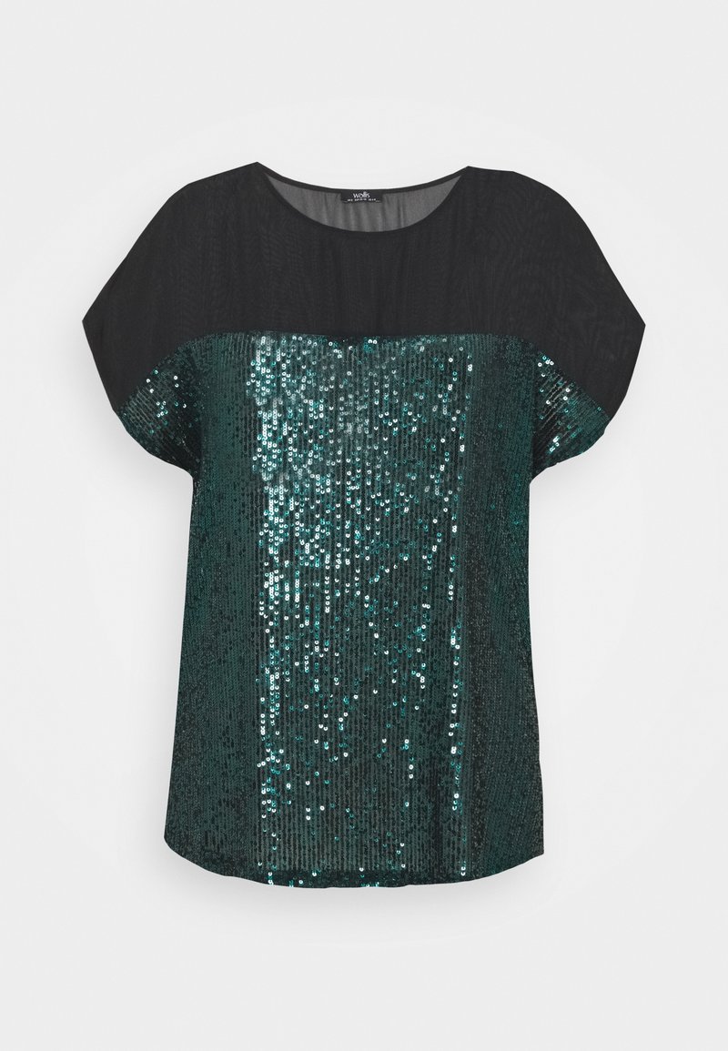 Top noir à manches courtes avec un panneau avant en sequins verts foncés brillants et un col rond.