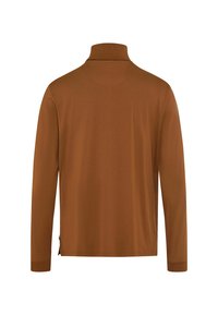 Polo shirt marrone a maniche lunghe con colletto alto, texture liscia e spacchetti laterali all'orlo per facilitare i movimenti.
