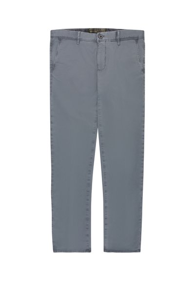 Pantaloni da uomo grigi a gamba dritta con tasche laterali, passanti per cintura e chiusura con bottone, mostrati stesi su sfondo bianco.