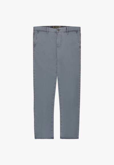 Pantaloni da uomo grigi a gamba dritta con tasche laterali, passanti per cintura e chiusura con bottone, mostrati stesi su sfondo bianco.