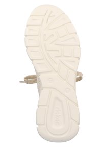 Kinga taldaga tekstuuriga disain heledast valgest kummist, sügavate soonte ja haardumiseks pehmendustega, sildistatud suurusega 37 ja brändinimega Rieker.