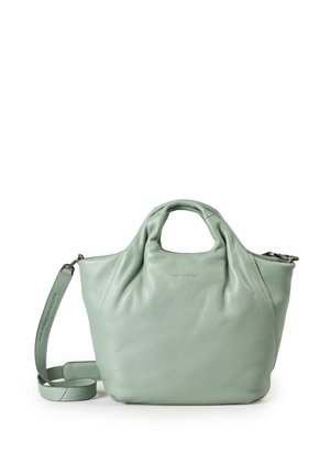 Borsa in pelle verde chiaro con manici arrotondati e tracolla staccabile su sfondo bianco.