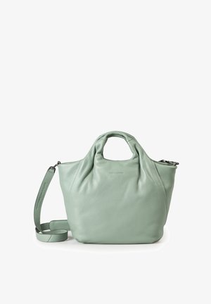 Borsa in pelle verde chiaro con manici arrotondati e tracolla staccabile su sfondo bianco.