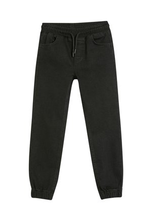 Joggers de mezclilla negra con una cinturilla elástica, cordón ajustable, bolsillos laterales y puños ajustados en los tobillos. Textura suave.