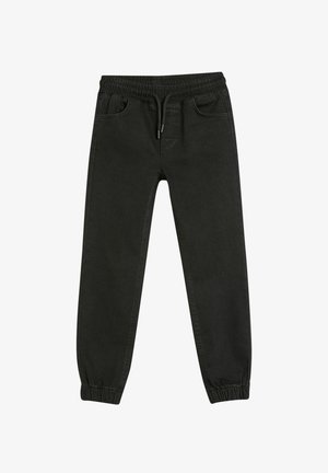 Sorte denim joggers med elastisk talje, justerbar snøre, sidelommer og tætsiddende ærmer ved anklerne. Glat tekstur.