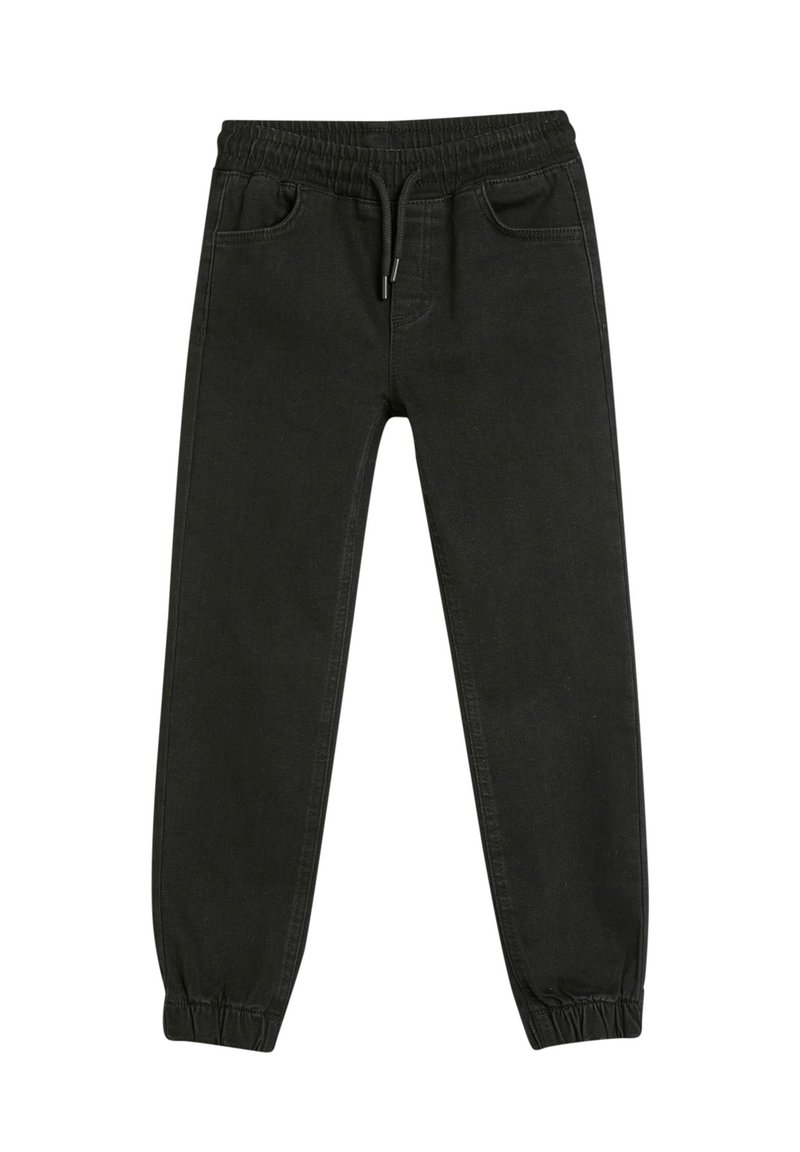 Zwarte denim joggers met een elastische tailleband, verstelbaar trekkoord, zijzakken en tapers aan de enkels. Soepele textuur.