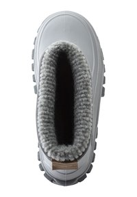 Gray rubber boot featuring a thick, knitted gray fleece lining at the opening, textured gray sole, and a small tan brand label on the heel.