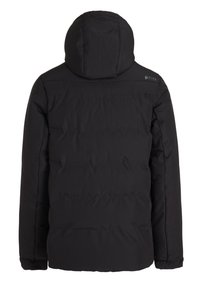 Schwarze Puffjacke mit Kapuze, die ein gestepptes Design und eine glatte Textur aufweist. Logodetail auf der oberen linken Rückseite.