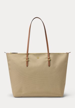 Beige tote tas met bruine leren handvatten, gouden hardware en klein goudkleurig RL-logo aan de voorkant, ritssluiting bovenaan.
