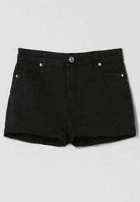 Svarta jeansshorts med en figursydd design, klassisk knappstängning och uppvikta fållar. Inkluderar framfickor och silverdetaljer.