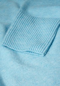 Hellblauer Pullover aus einem weichen, strukturierten Stoff. Verfügt über rippierte Details am Kragen und einen glatten Körper für ein nahtloses Aussehen.