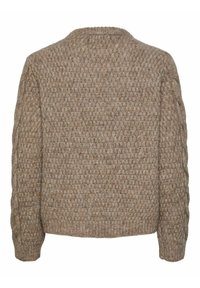Brown knitted sweater with a textured pattern and ribbed cuffs. Features a classic round neckline and slightly oversized fit.