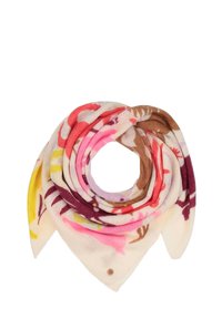 Foulard floreale realizzato in un tessuto morbido e leggero nei toni crema, rosa, marrone e giallo, piegato a forma di triangolo con un dettaglio decorativo.