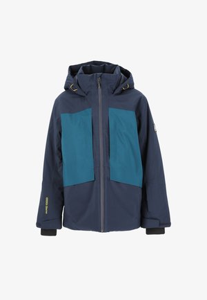 Dunkelblaues Jackett mit tealfarbenem Paneeldesign. Verfügt über eine Kapuze, einen Frontreißverschluss und schwarze Bündchen. Hergestellt aus einem wasserdichten Material.